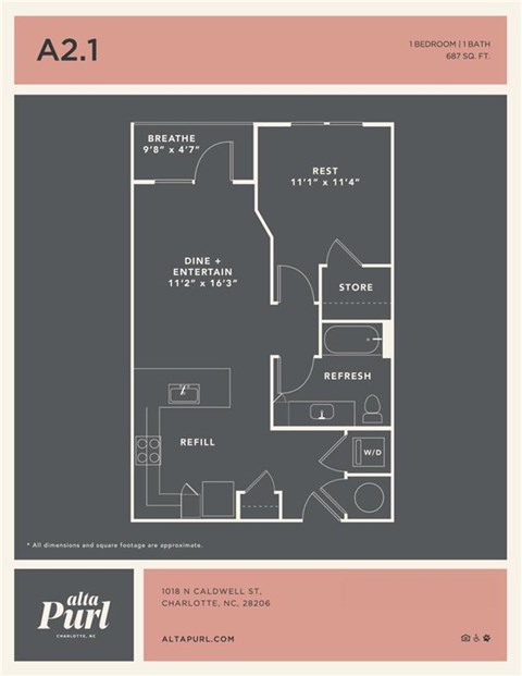 Floor plan for 1 bed, 1 bath, 687 sqft